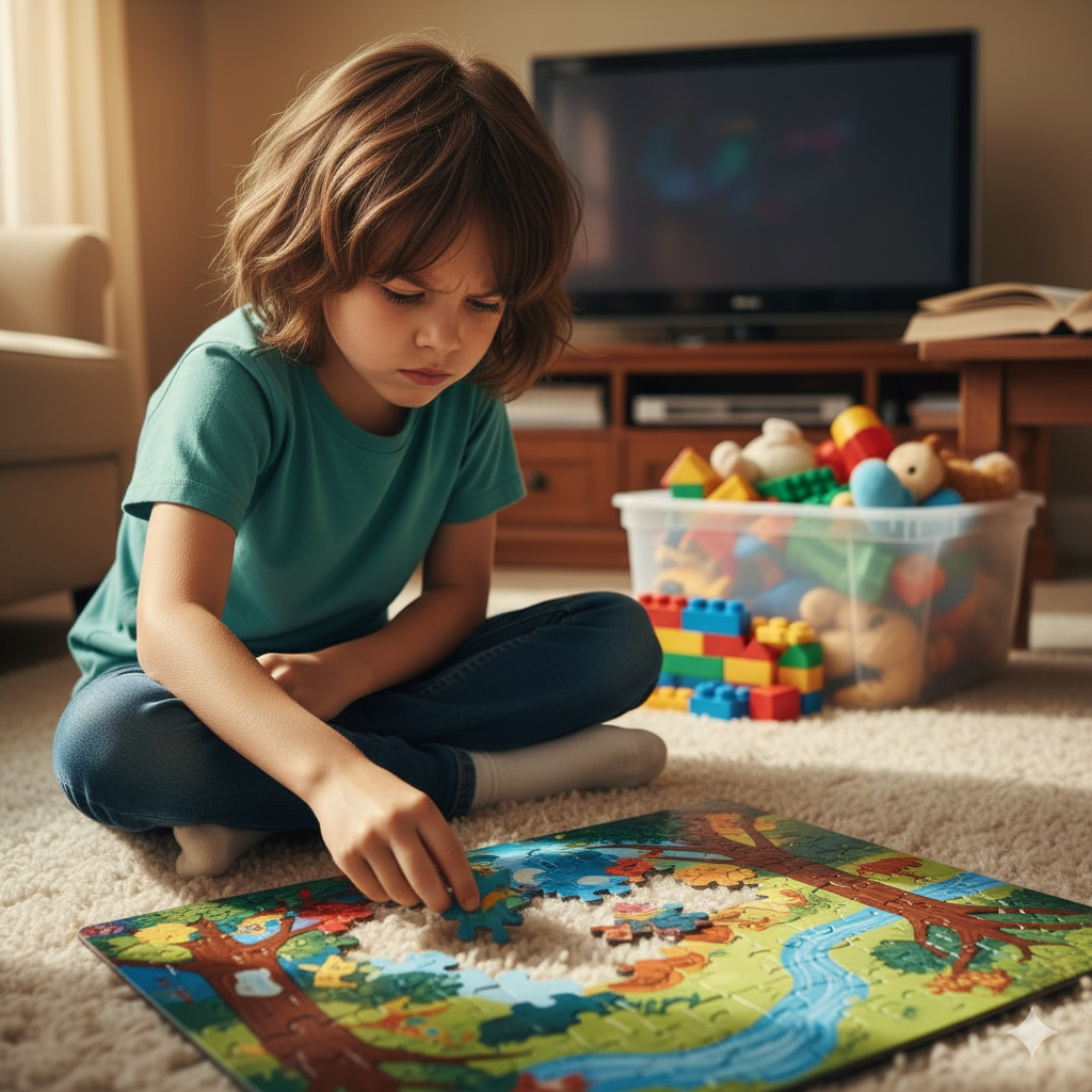 A child focusing intently on a puzzle